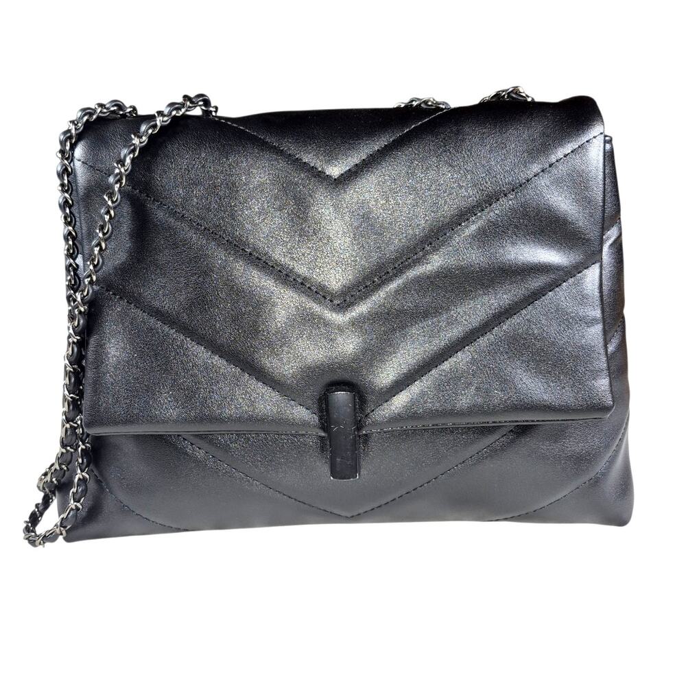 Chevron-Quilted Double Chain Strap Shoulder Bag Faux Leather Black Lined